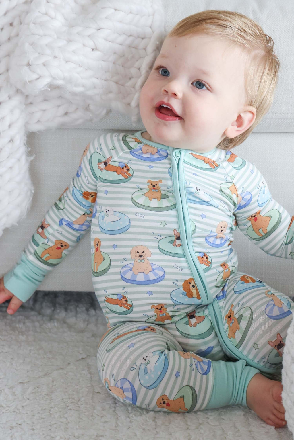 Convertible Bamboo Zip Romper | Poolside Pups Blue