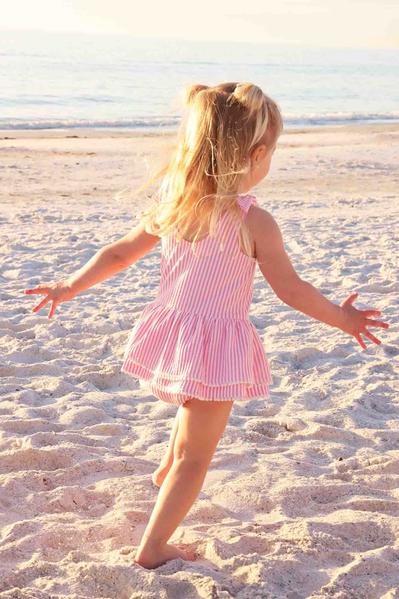 Tiered Skirt with White Pom Trim | Seersucker Dusty Pink