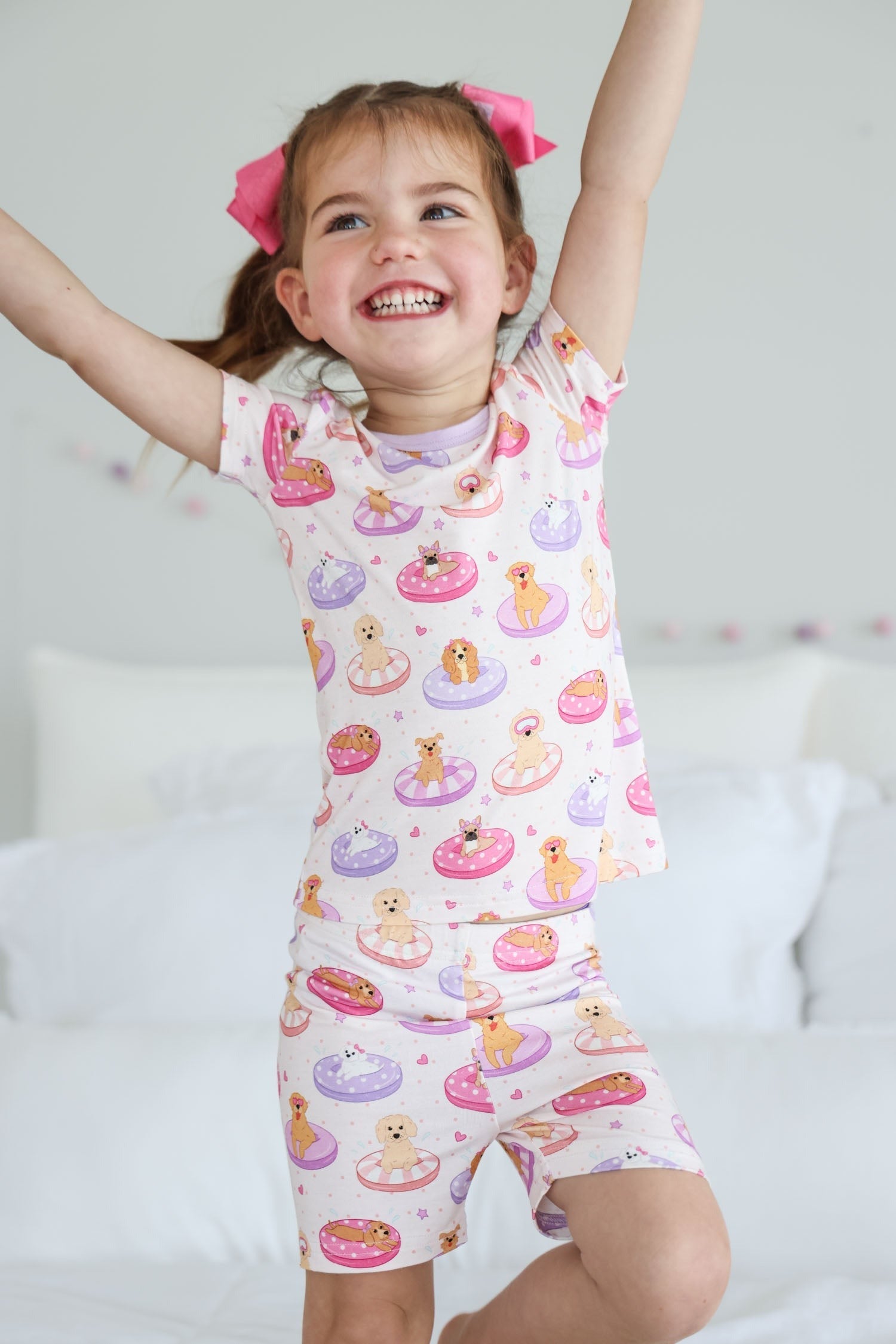 Two Piece Short Pajama Set | Poolside Pups Pink