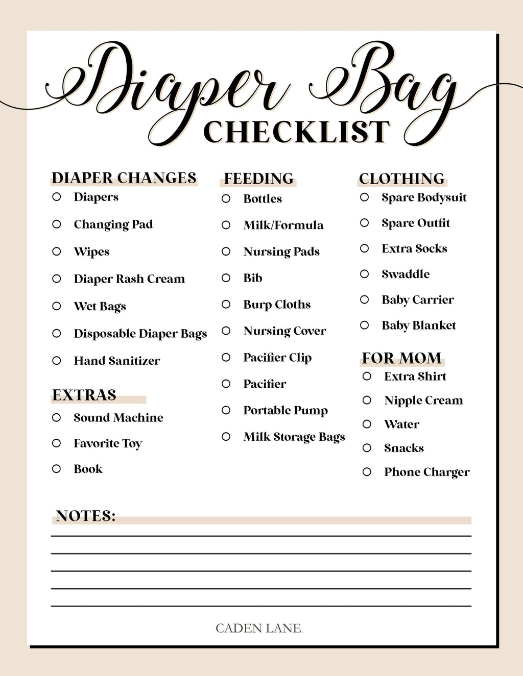 Diaper Bag Checklist - Free Digital Download