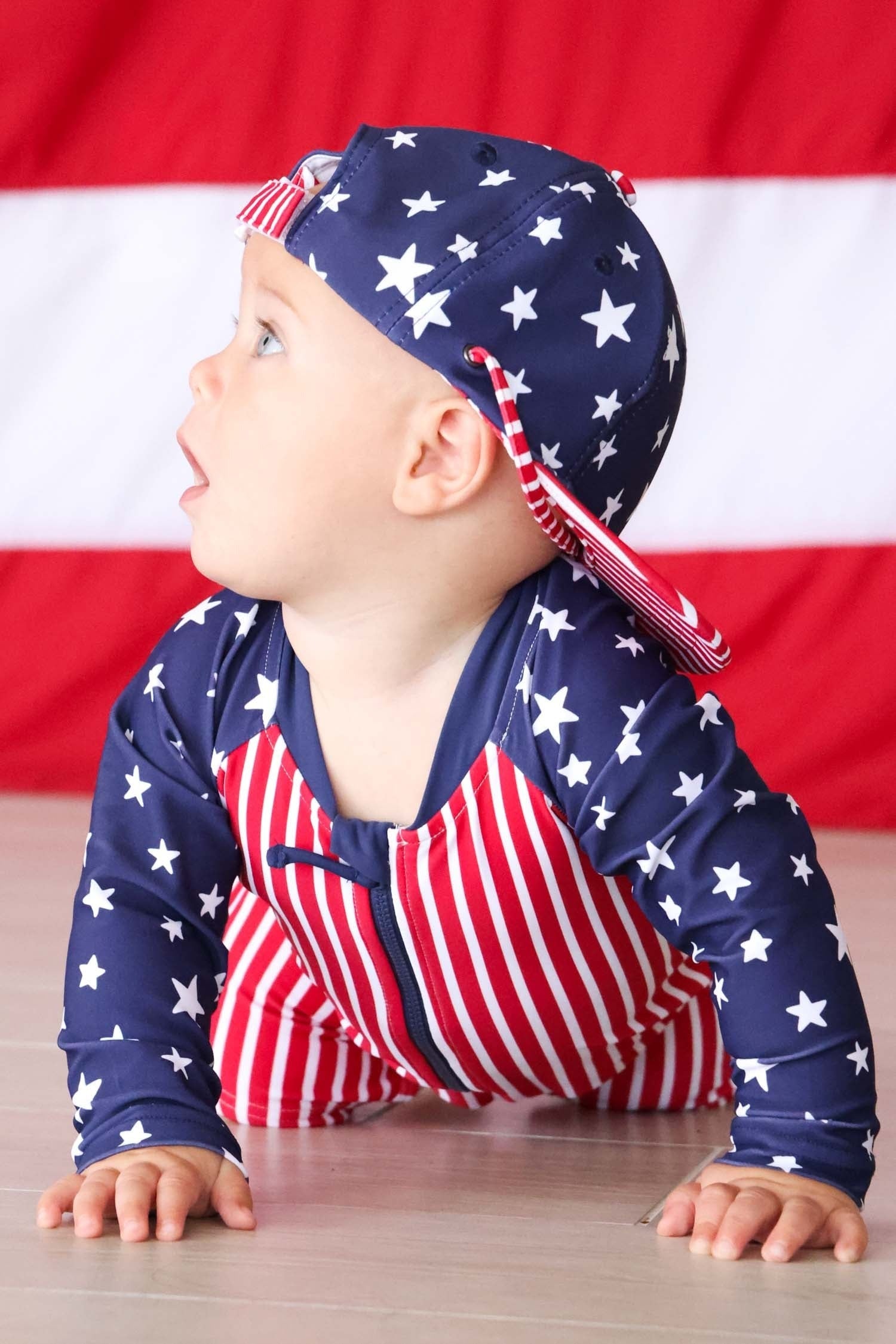 Long Sleeve Rash Guard Swim Romper Shortie | Stars & Stripes Party