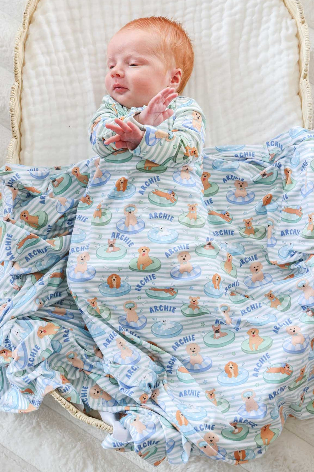 Personalized Swaddle Blanket | Poolside Pups Blue