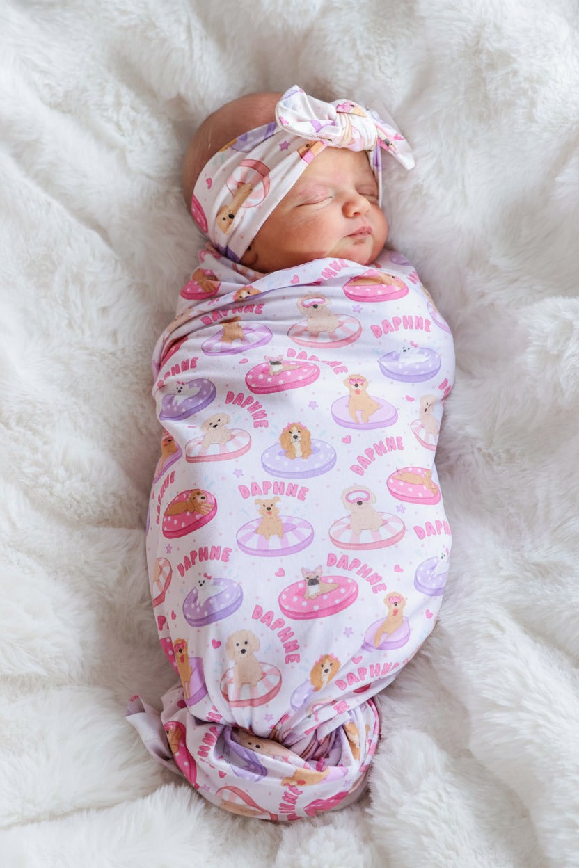 Personalized Swaddle Blanket | Poolside Pups Pink