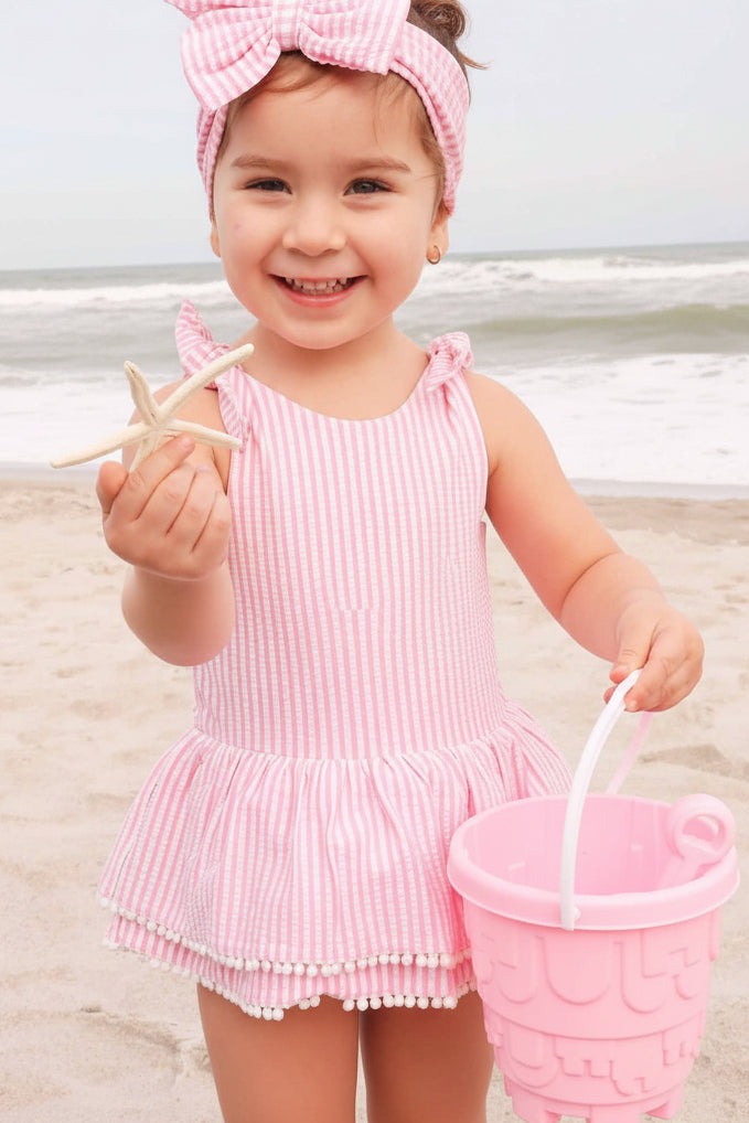 Tiered Skirt with White Pom Trim | Seersucker Dusty Pink