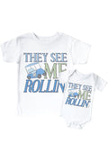 They See Me Rollin' Blue Graphic Bodysuit & Kids Tee | White