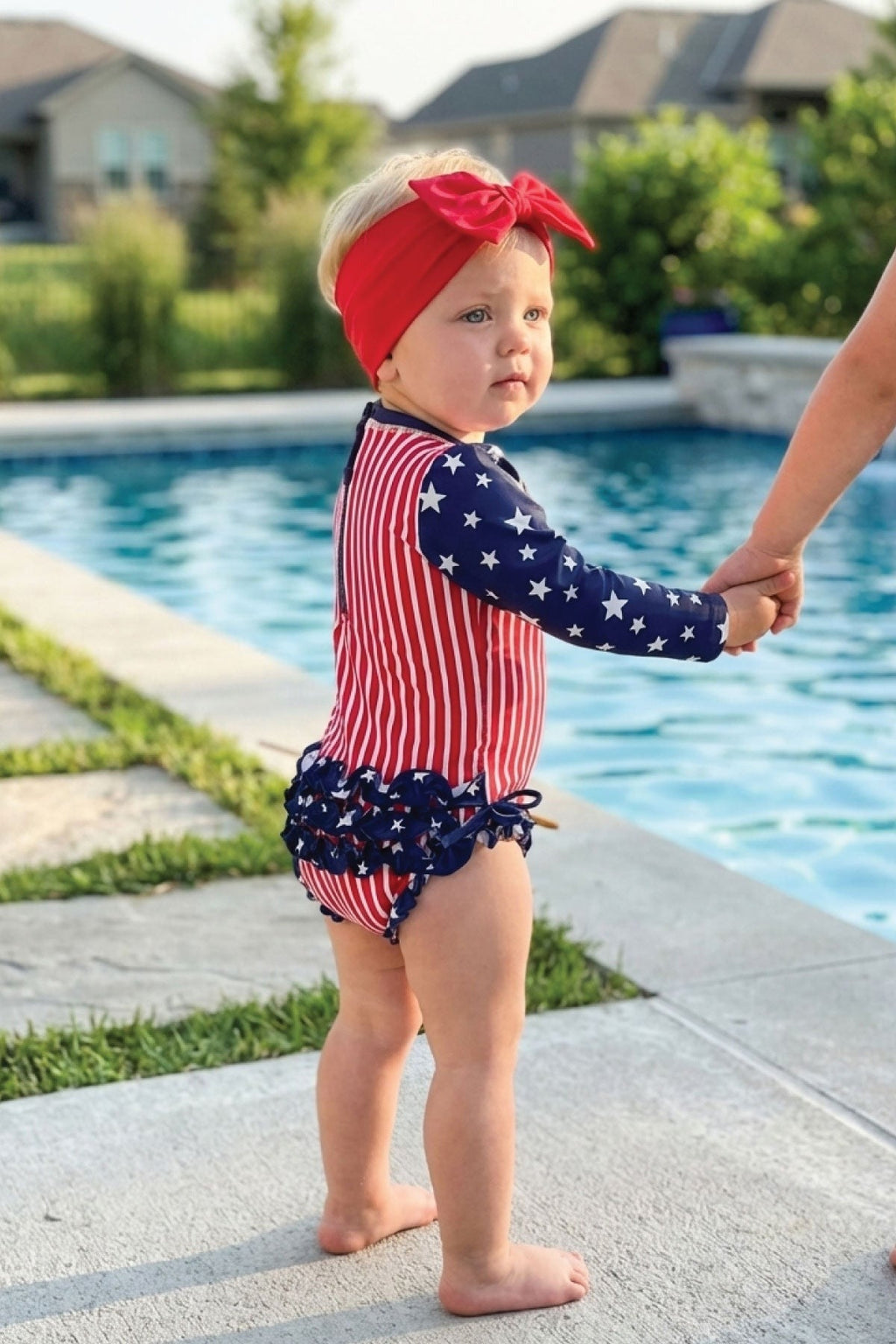 Long Sleeve Rash Guard With Ruffle Bottom | Stars & Stripes Party