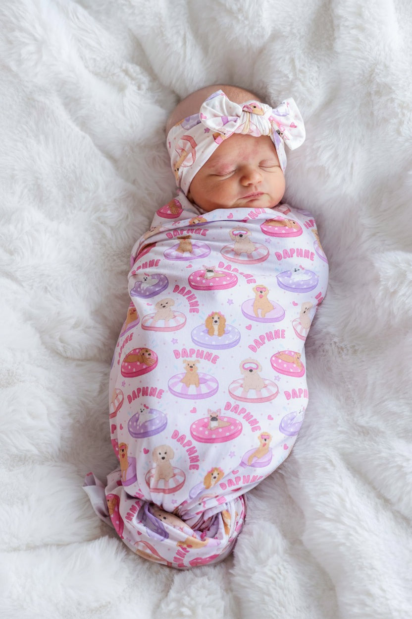 Personalized Swaddle Blanket | Poolside Pups Pink