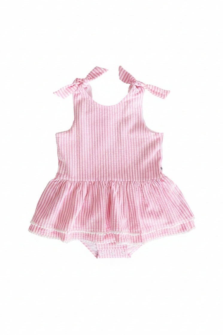 Tiered Skirt with White Pom Trim | Seersucker Dusty Pink