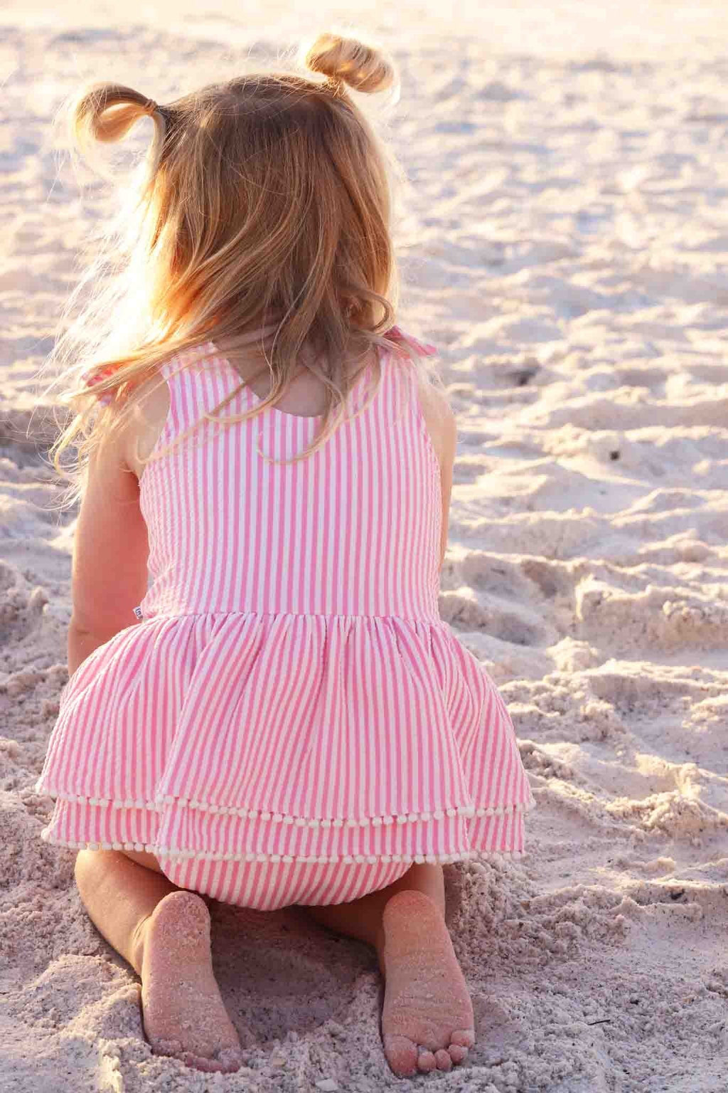 Tiered Skirt with White Pom Trim | Seersucker Dusty Pink