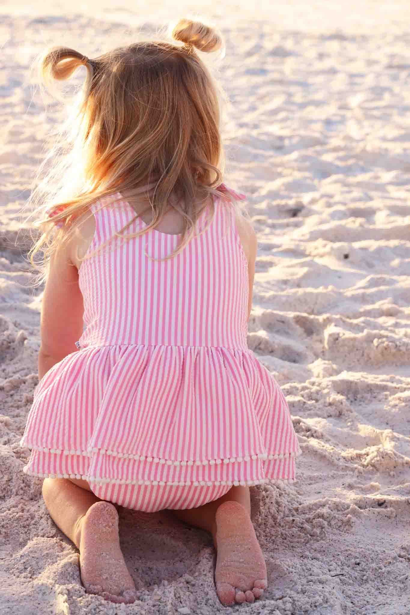 Tiered Skirt with White Pom Trim | Seersucker Dusty Pink