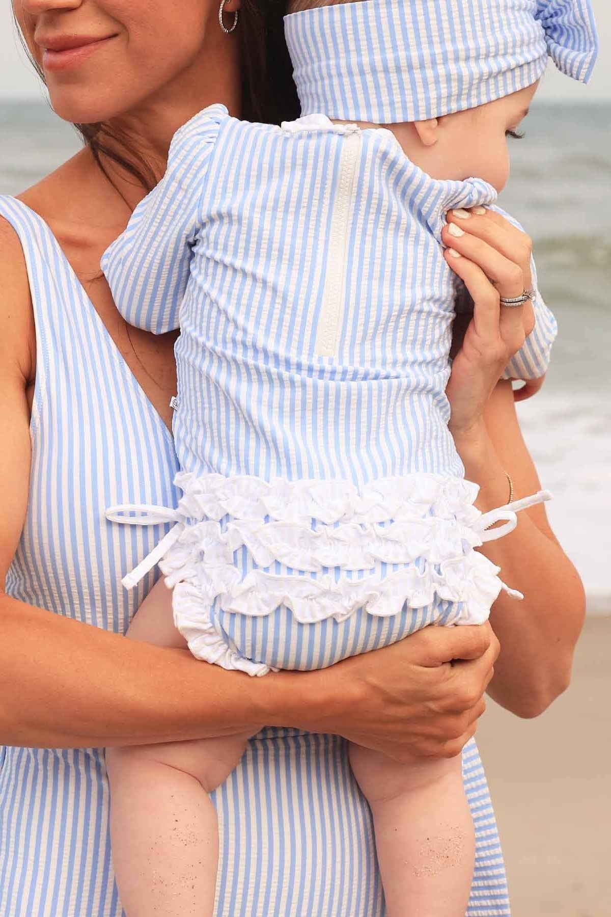 Long Sleeve Rash Guard With Ruffle Bottom | Seersucker Blue