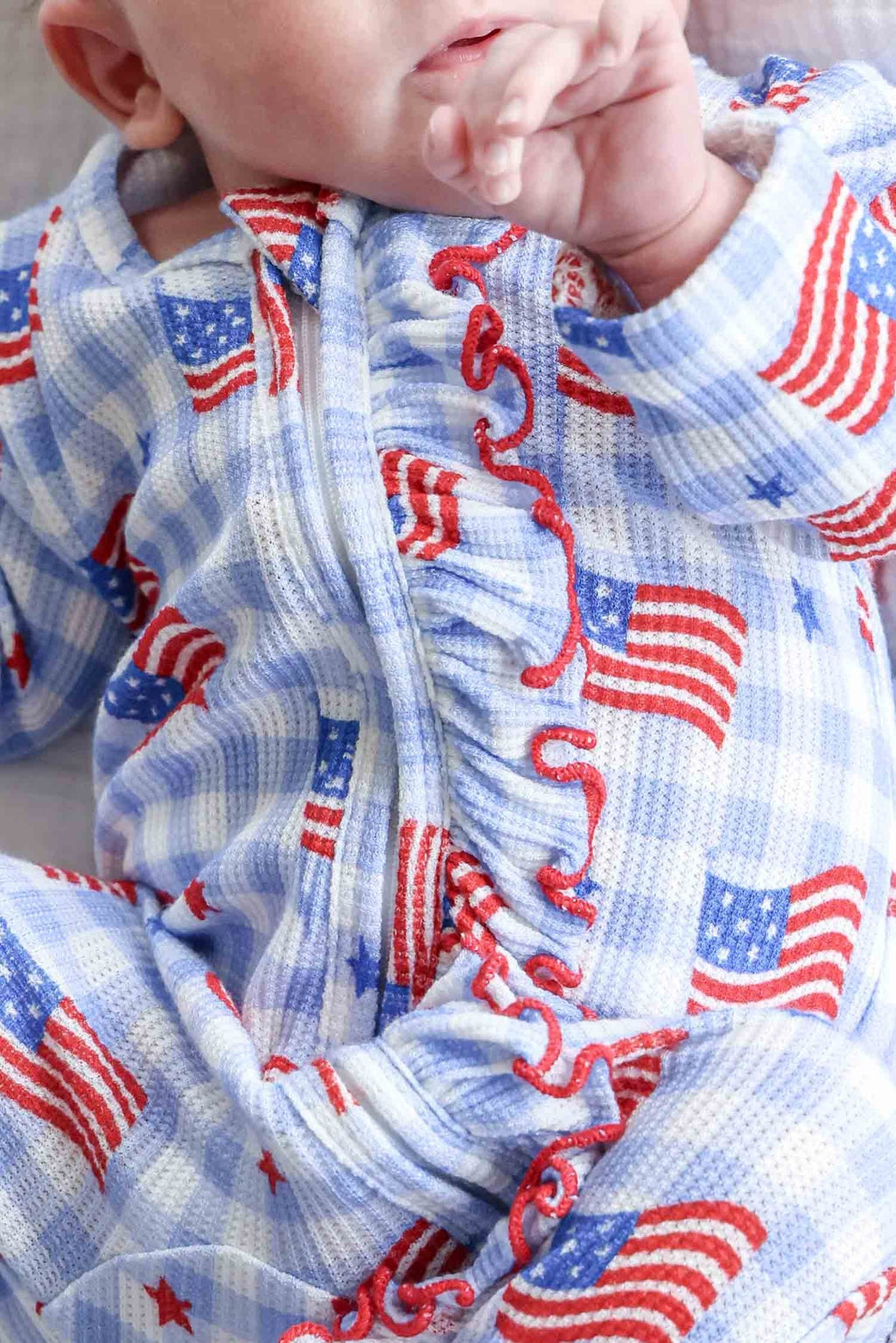 Bamboo Waffle Ruffle Zipper Footie | Star-Spangled Picnic