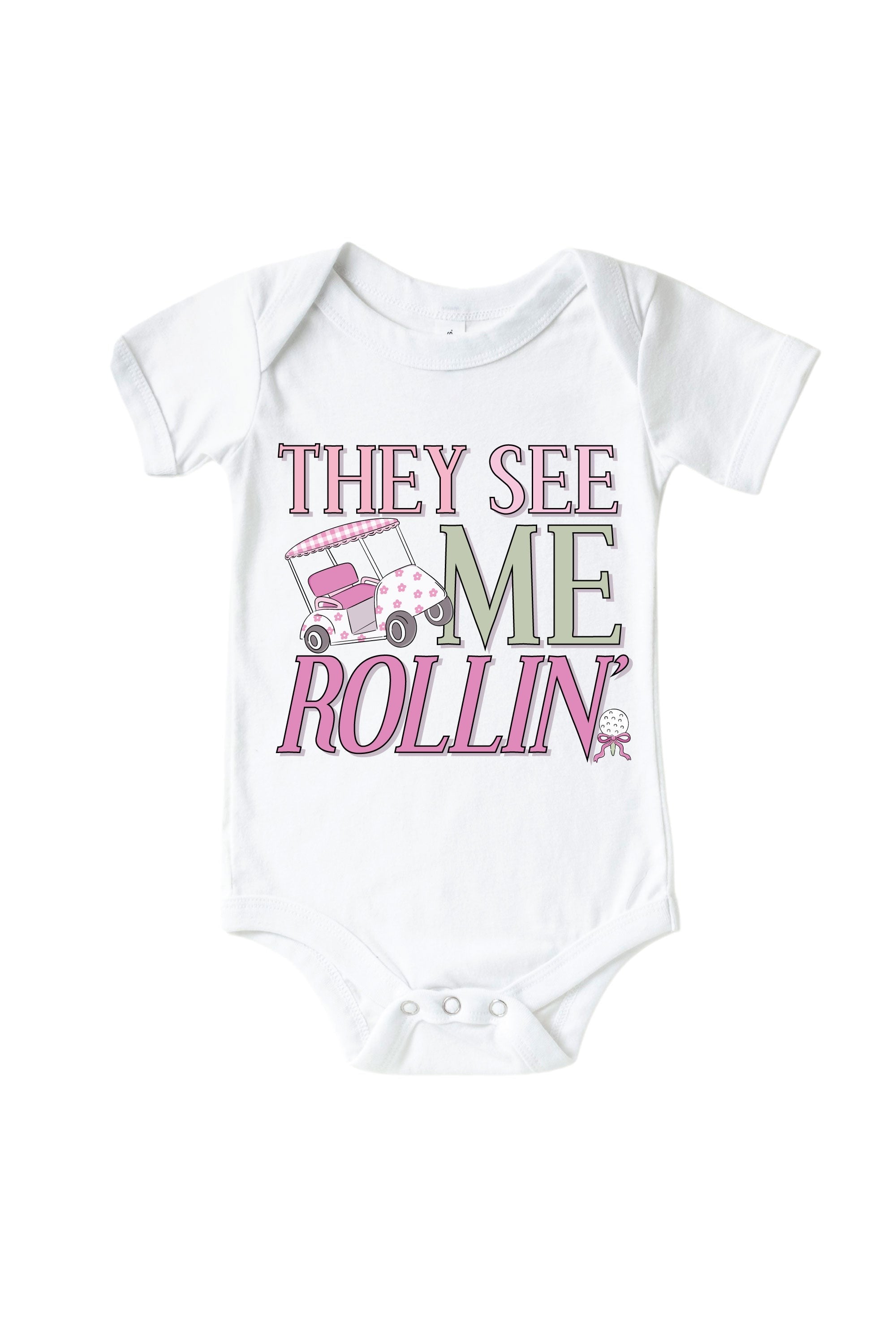 They See Me Rollin' Pink Graphic Bodysuit & Kids Tee | White