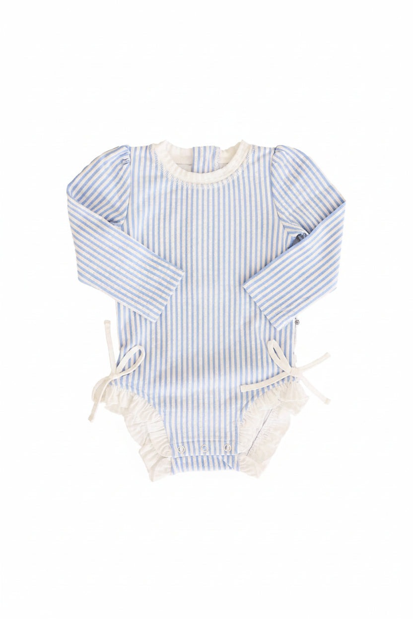 Long Sleeve Rash Guard With Ruffle Bottom | Seersucker Blue