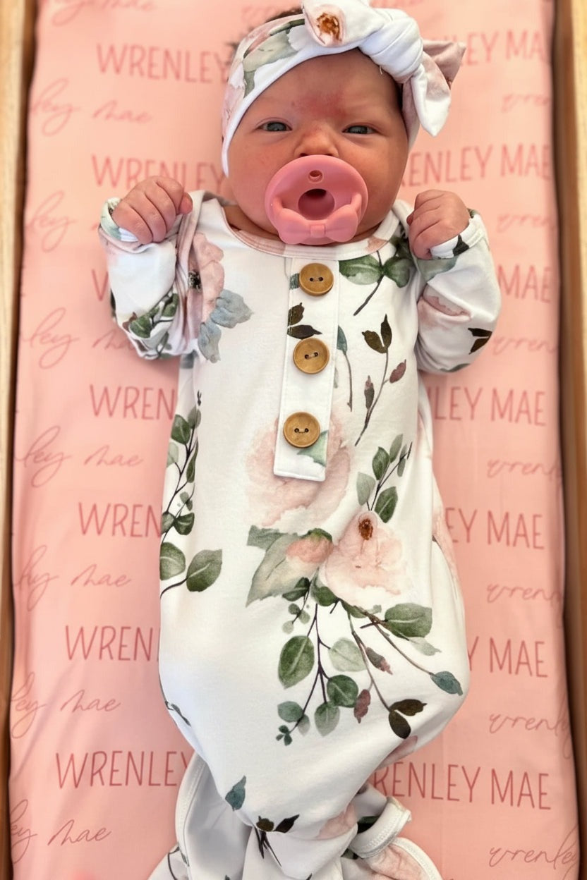 Millie's Dusty Rose Garden Newborn Baby Knot Gown & Hat Set