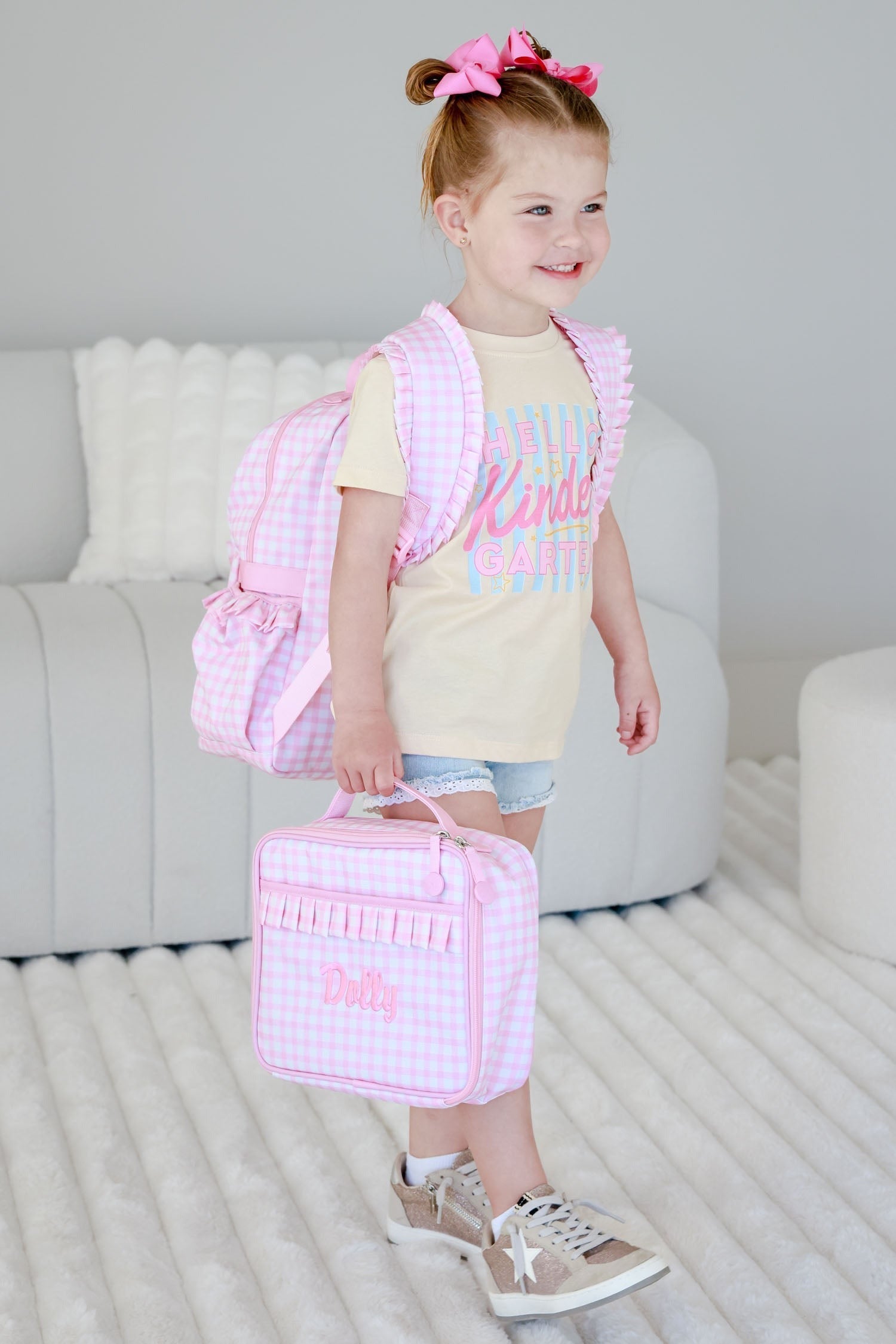 Kids Embroidered Ruffle Backpack | Pink Gingham