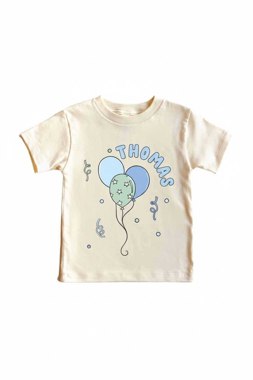 Personalized Blue Party Time Graphic Bodysuit & Kids Tee | Natural