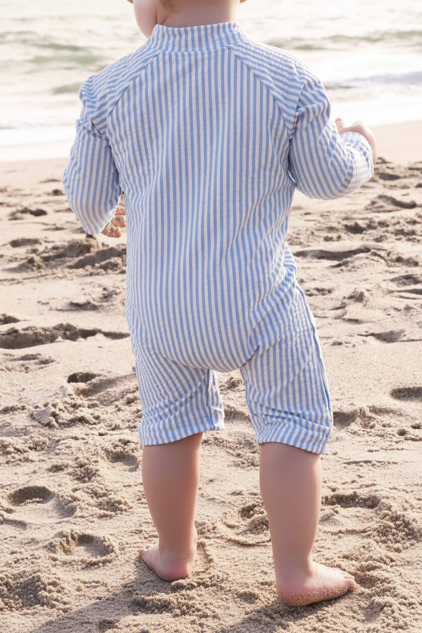 Long Sleeve Rash Guard Swim Romper Shortie | Seersucker Blue