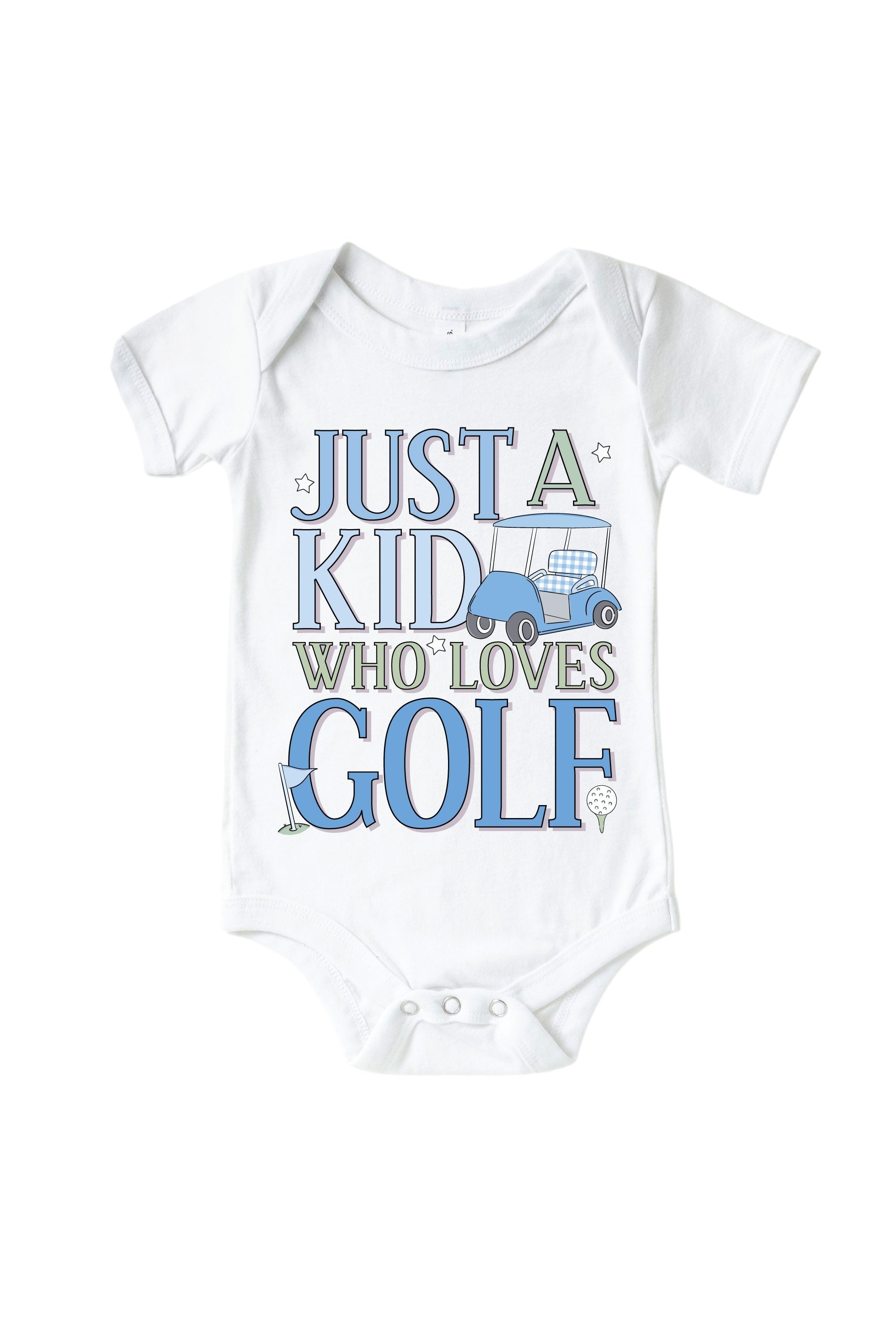 A Kid With Golf Love Blue Graphic Bodysuit & Kids Tee | White