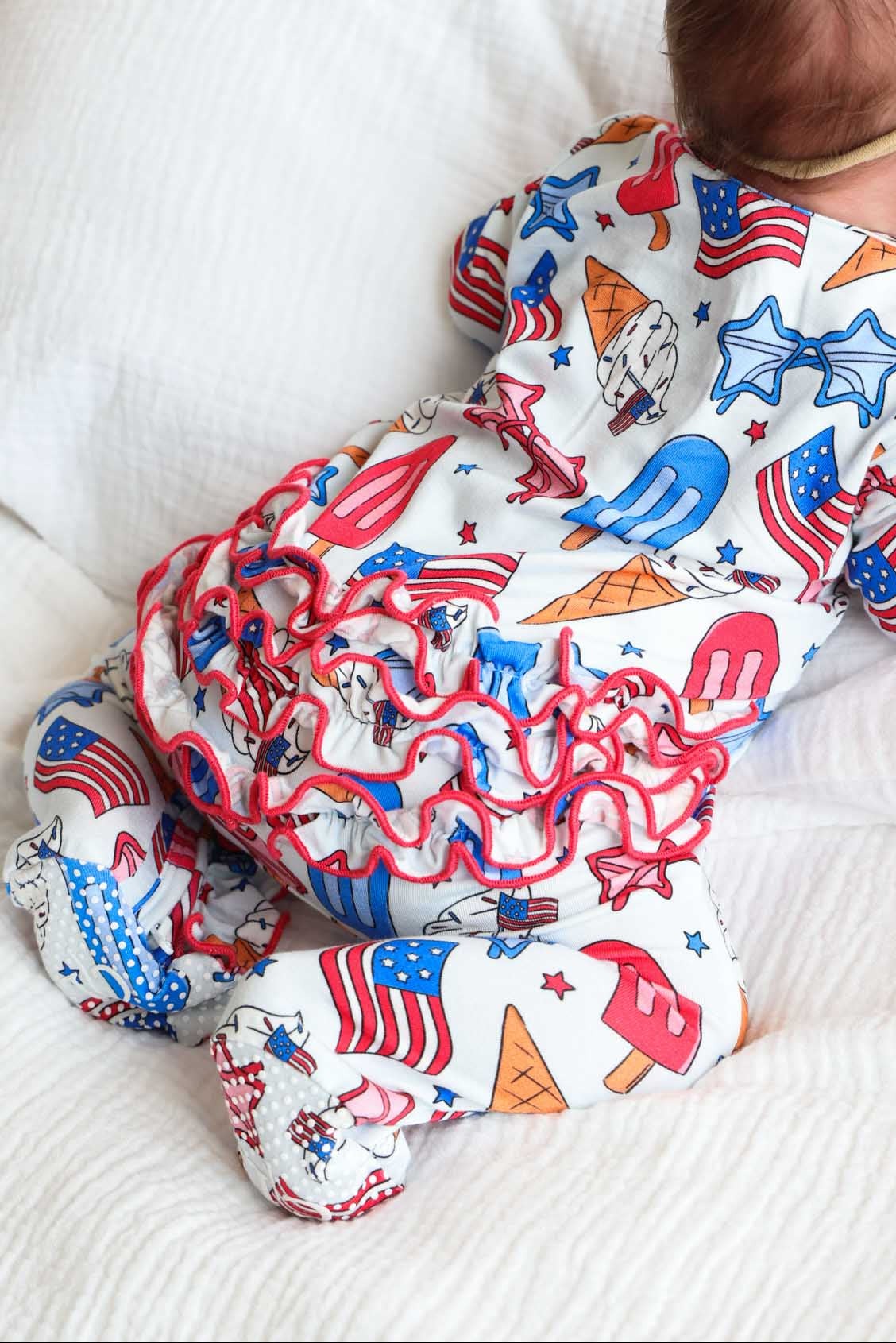 Ruffle Zipper Footie | Red, White & Cool