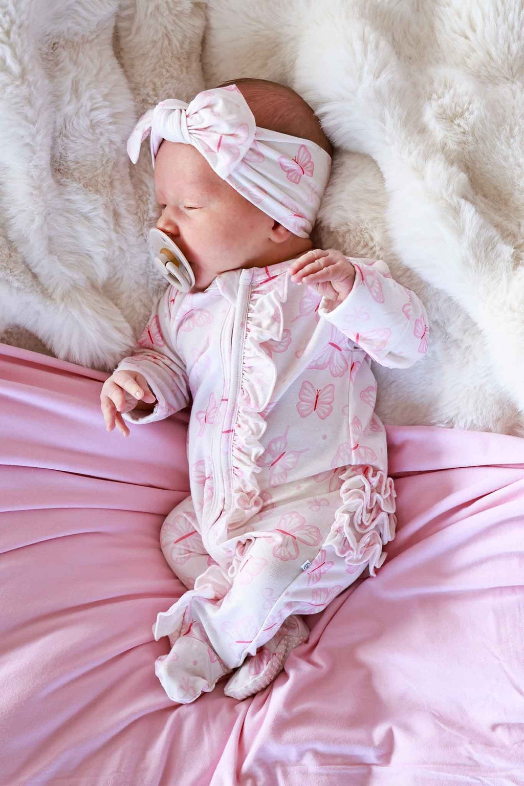 Ruffle Bamboo Zipper Footie | Blooming Butterflies