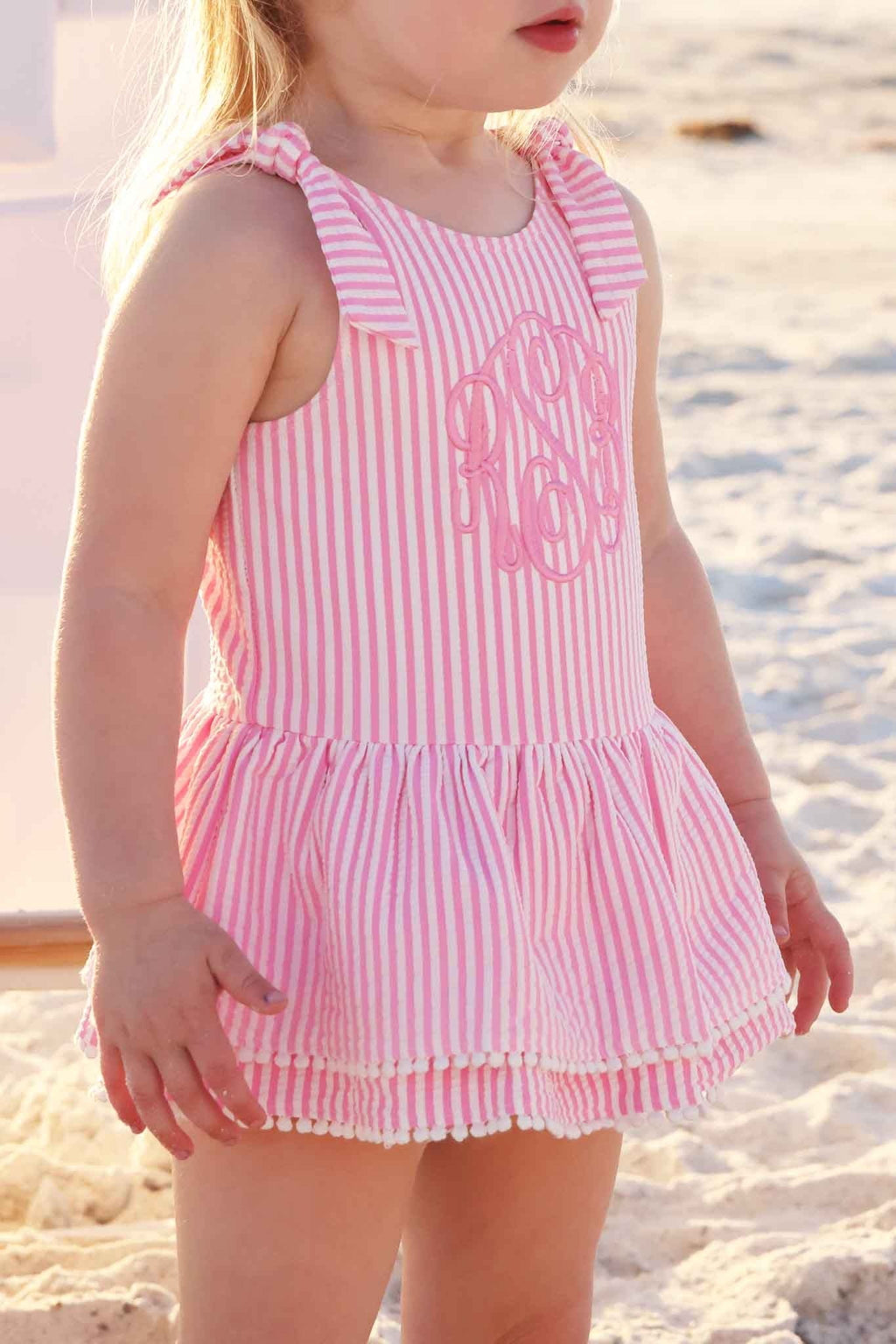 Tiered Skirt with White Pom Trim | Seersucker Dusty Pink