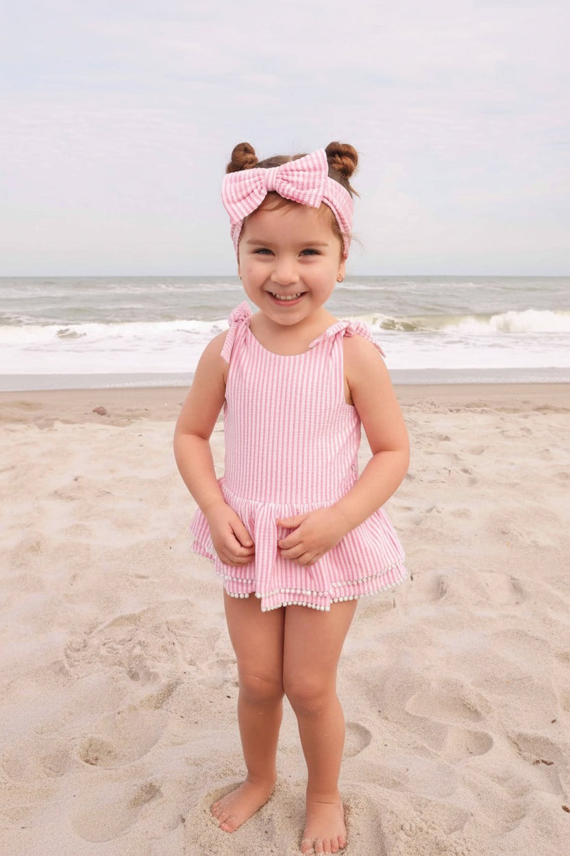 Tiered Skirt with White Pom Trim | Seersucker Dusty Pink