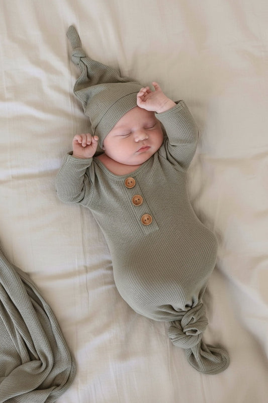 Eucalyptus Bamboo Waffle Newborn Baby Knot Gown & Hat Set