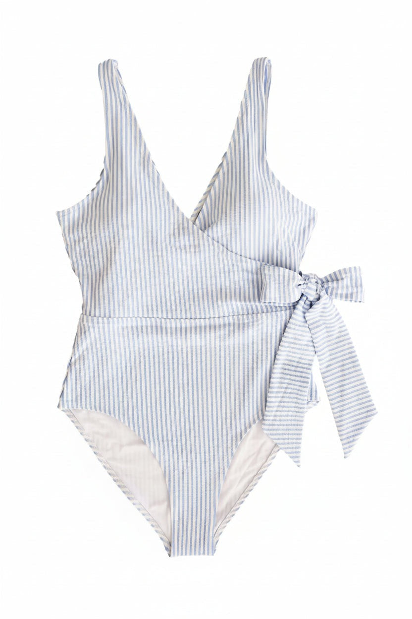 Women's Criss Cross One-Piece Swimsuit | Seersucker Blue
