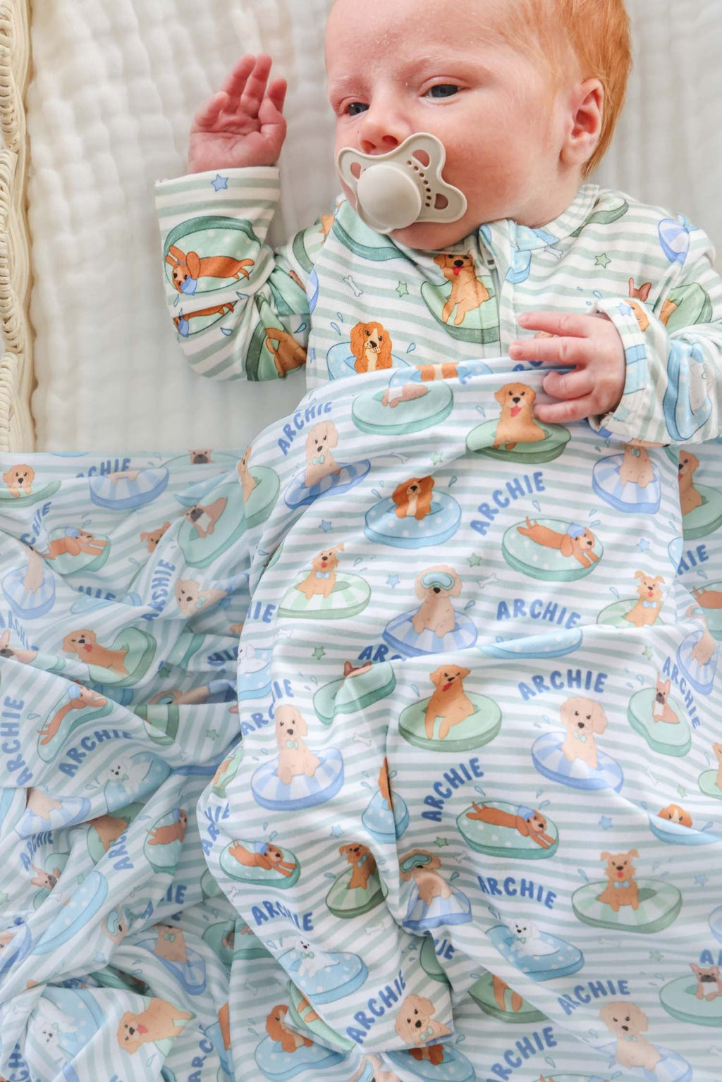 Personalized Swaddle Blanket | Poolside Pups Blue