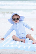 Long Sleeve Rash Guard Swim Romper Shortie | Seersucker Blue