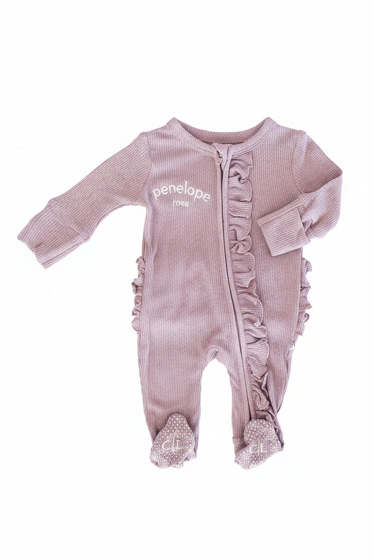 Embroidered Bamboo Waffle Zipper Ruffle Footie | Amethyst