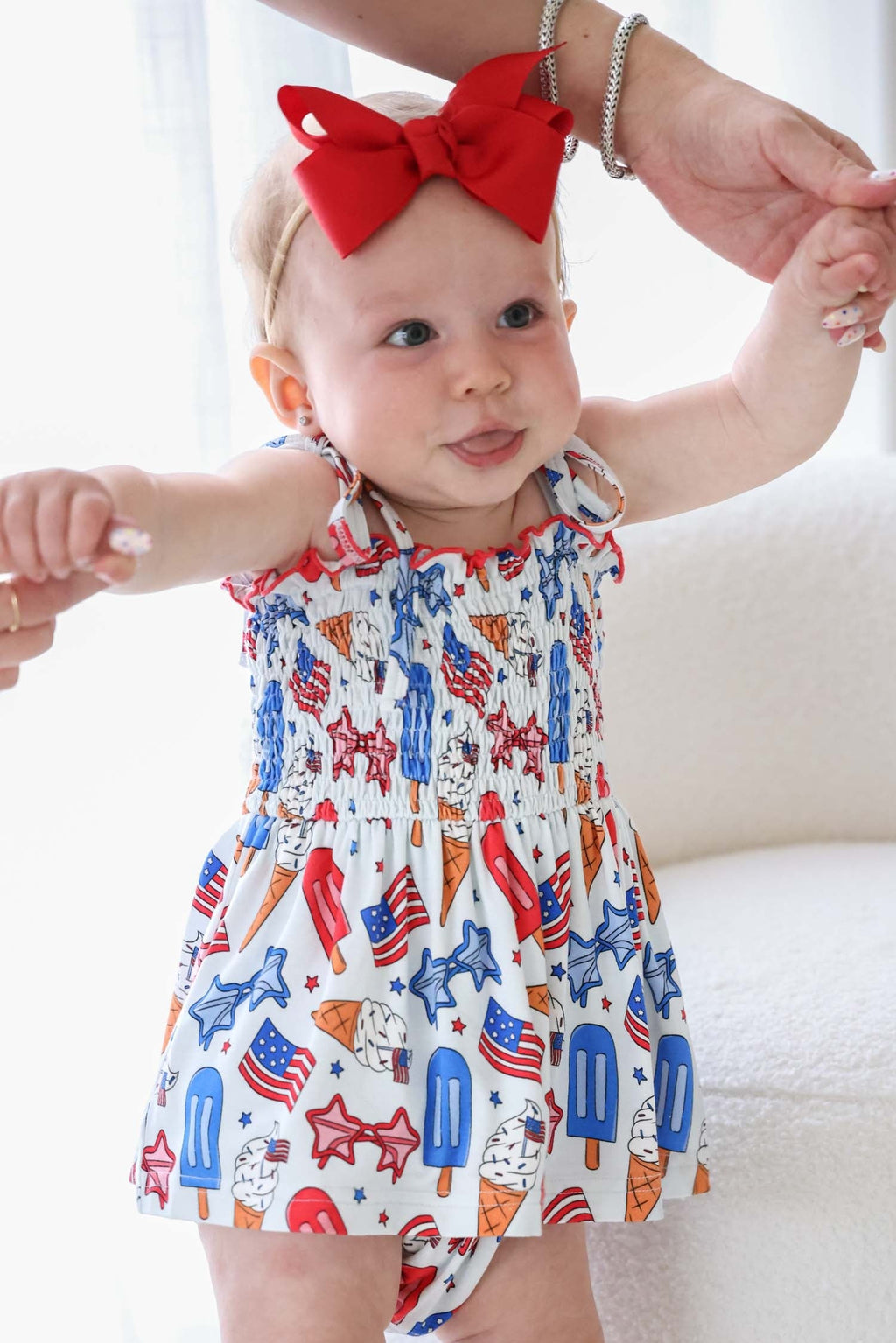 Smocked Twirl Bodysuit | Red, White & Cool