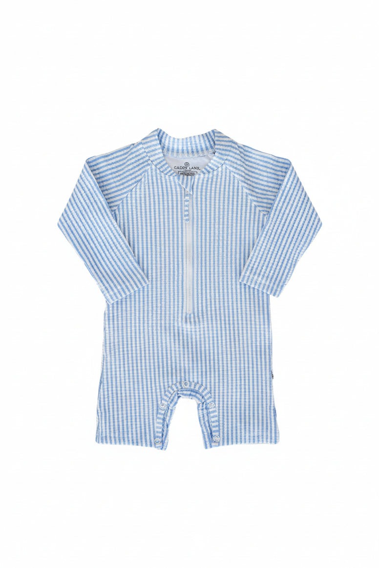 Long Sleeve Rash Guard Swim Romper Shortie | Seersucker Blue