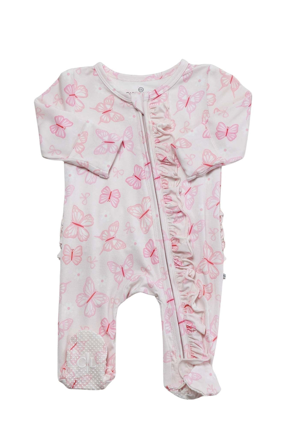 Ruffle Bamboo Zipper Footie | Blooming Butterflies