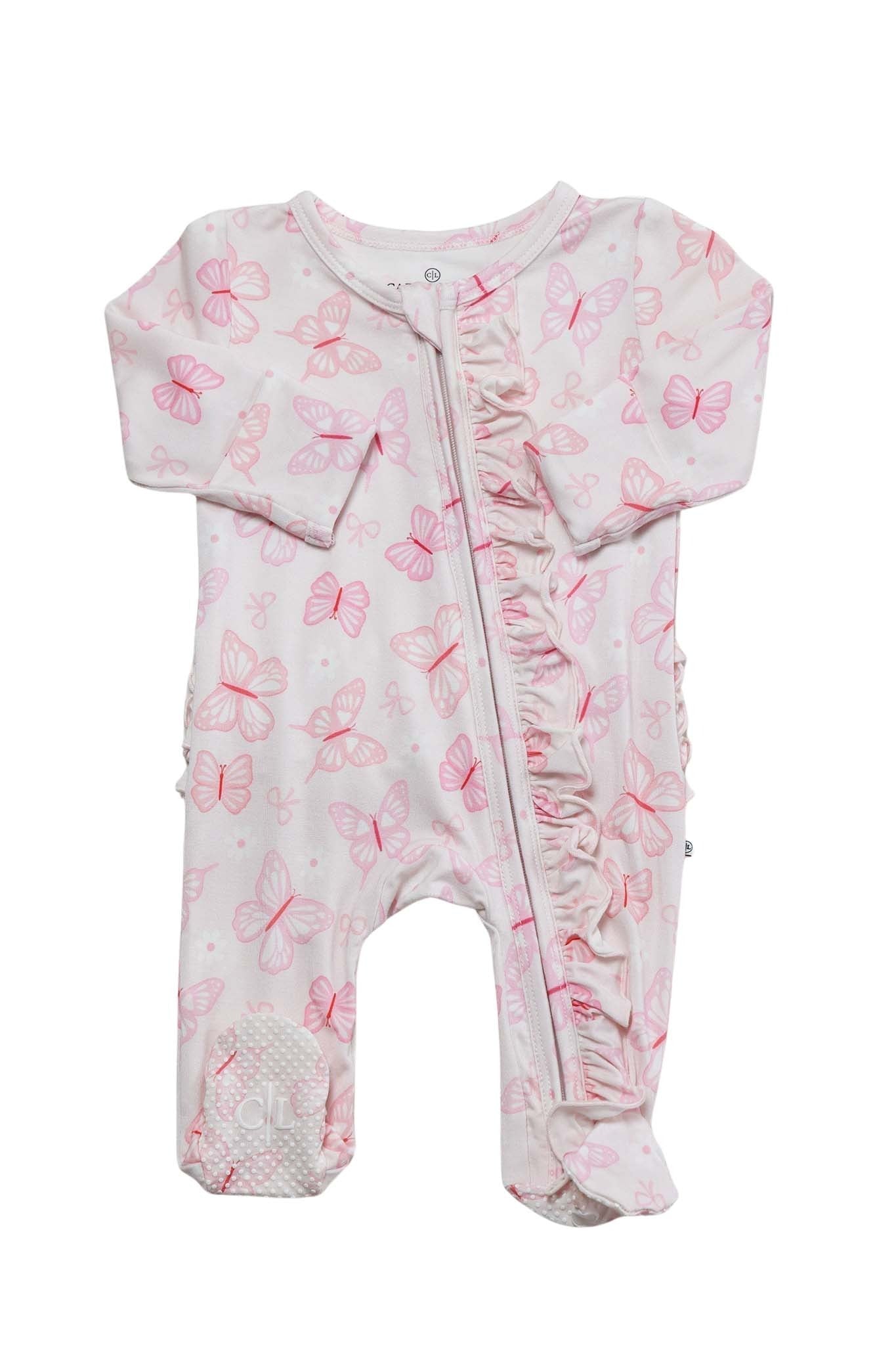 Ruffle Bamboo Zipper Footie | Blooming Butterflies