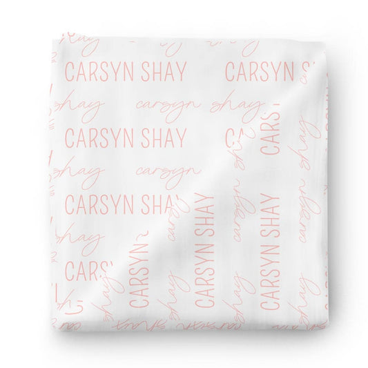 Personalized Peony Pink on Pure White Baby Name Swaddle Blanket - Block & Script