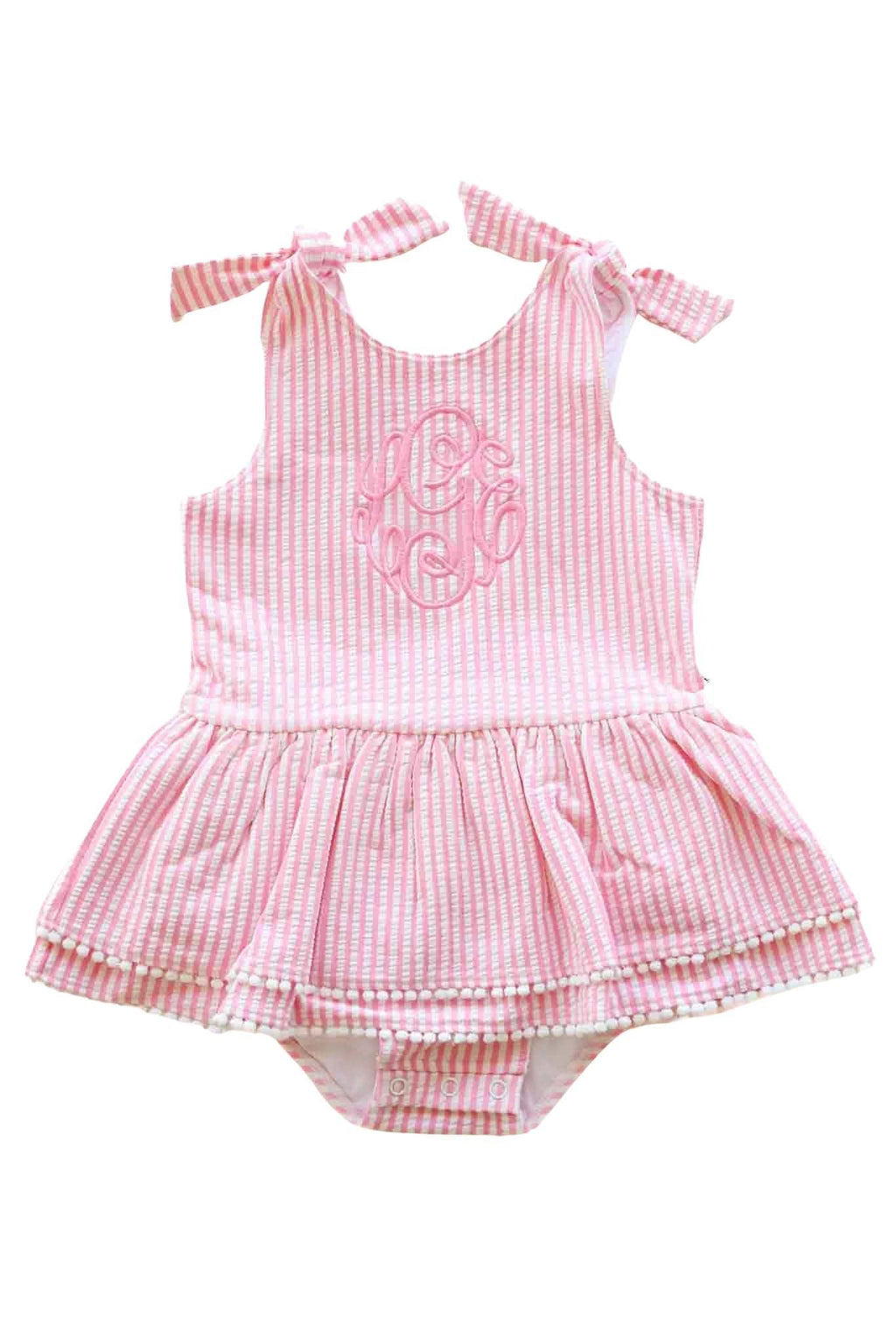 Tiered Skirt with White Pom Trim | Seersucker Dusty Pink