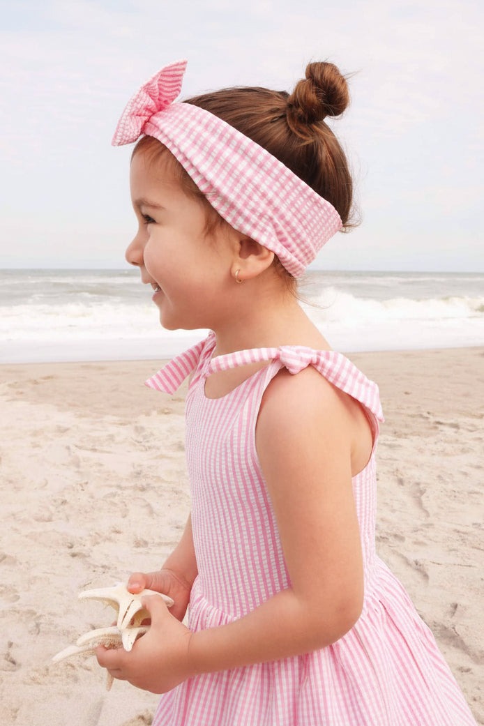 Tiered Skirt with White Pom Trim | Seersucker Dusty Pink