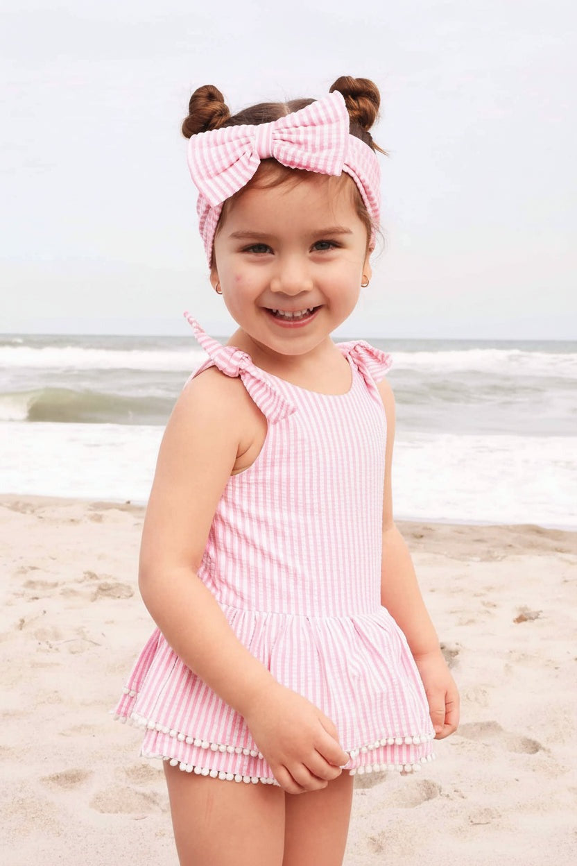 Tiered Skirt with White Pom Trim | Seersucker Dusty Pink