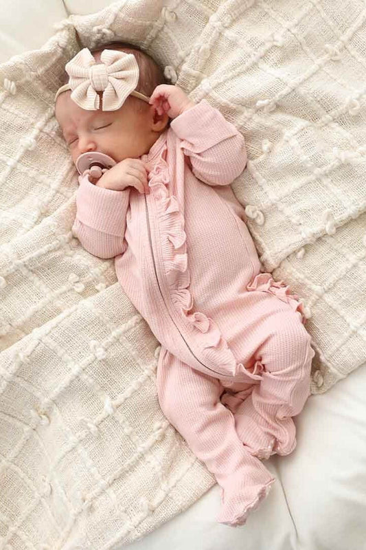 Lovely Pink Bamboo Waffle Ruffle Zipper Footie