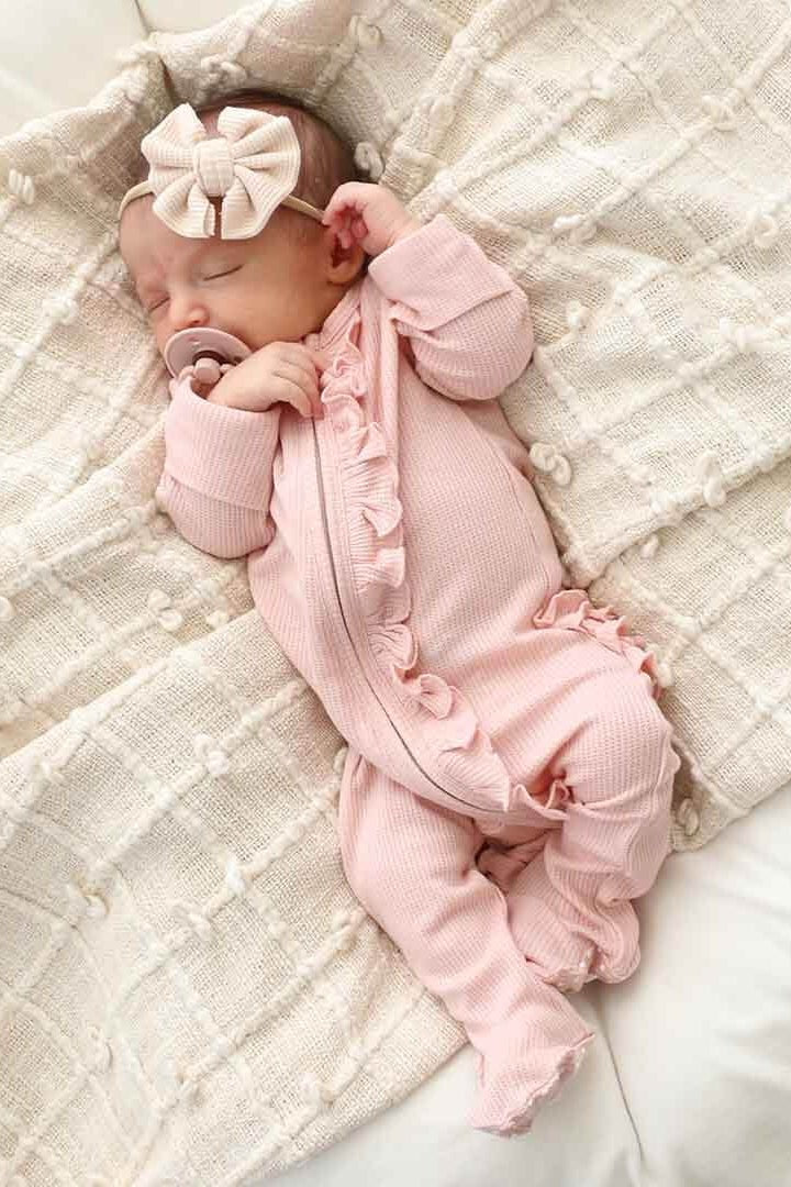Lovely Pink Bamboo Waffle Ruffle Zipper Footie