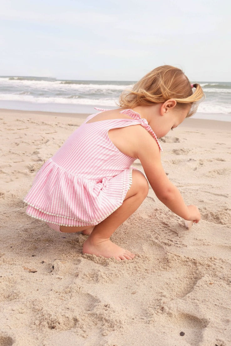 Tiered Skirt with White Pom Trim | Seersucker Dusty Pink