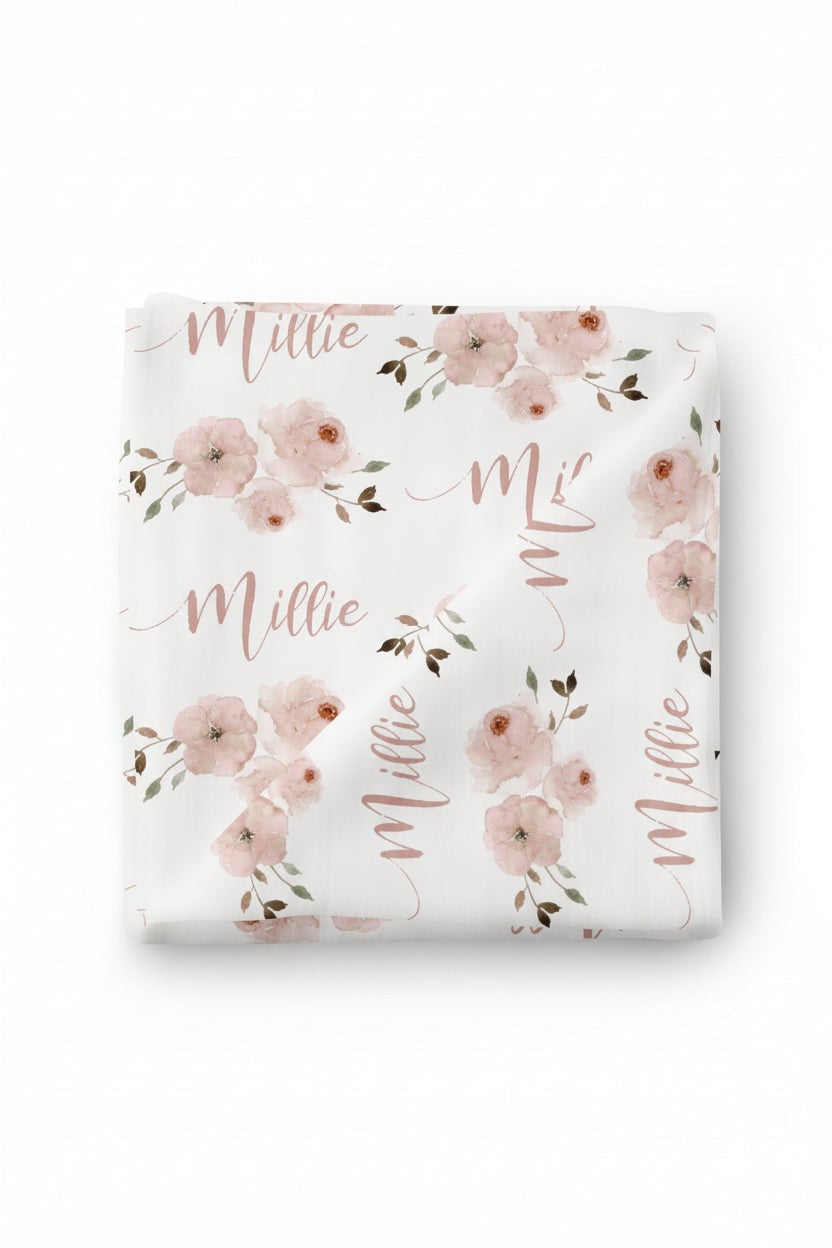 Millie's Dusty Rose Garden Personalized Baby Name Swaddle Blanket