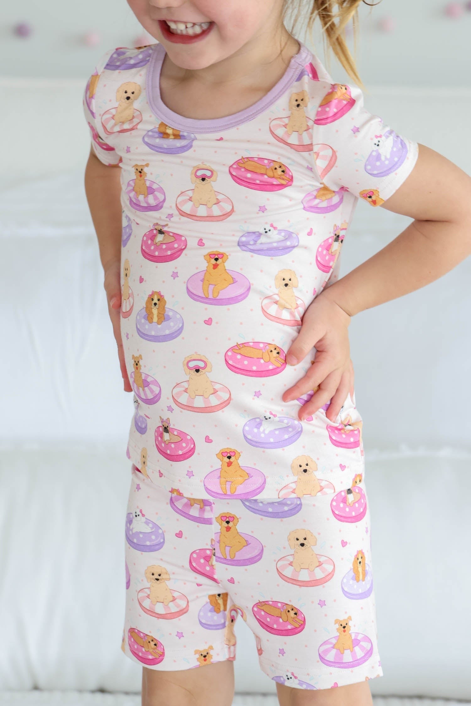 Two Piece Short Pajama Set | Poolside Pups Pink
