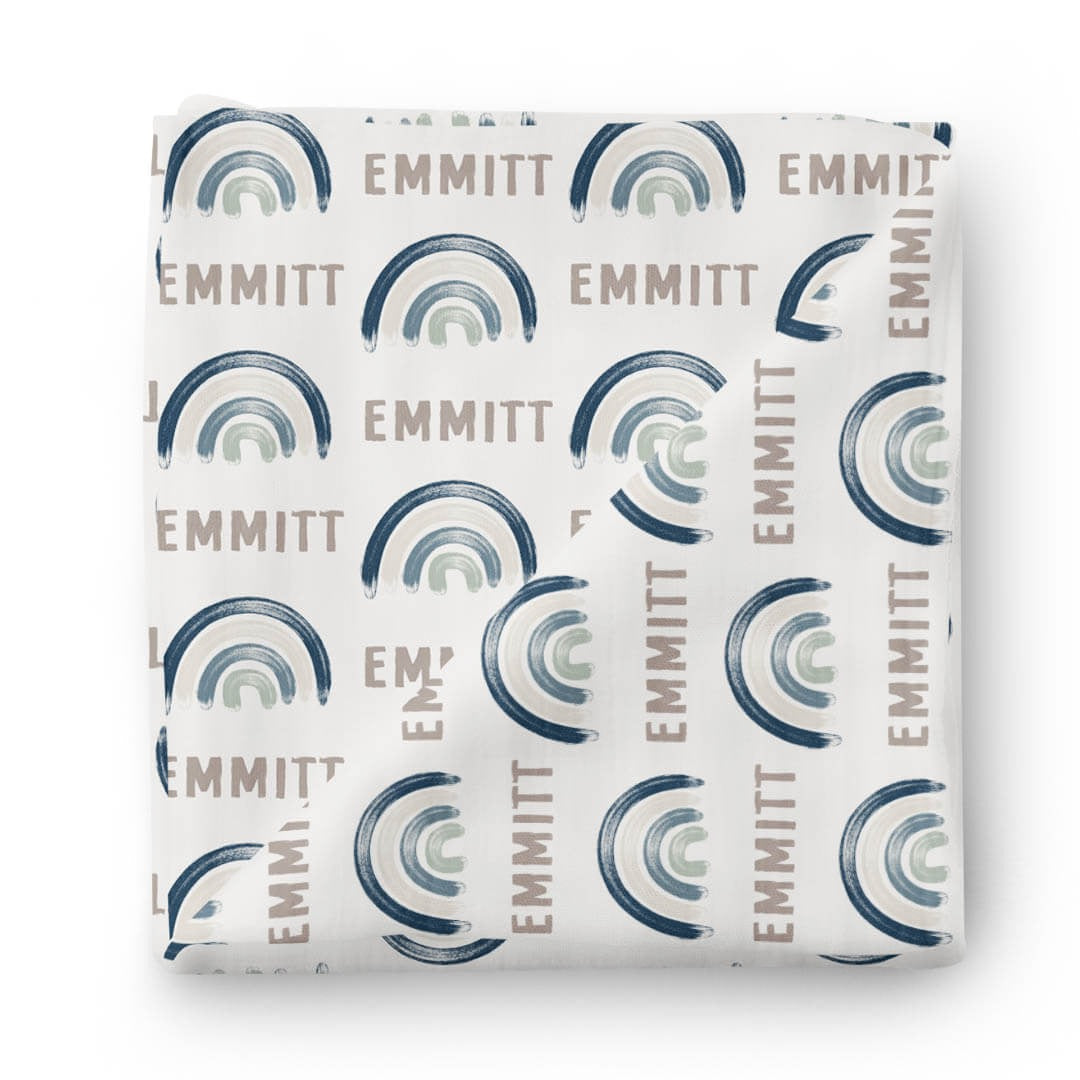 Brooks' Blue Rainbows Personalized Swaddle Blanket