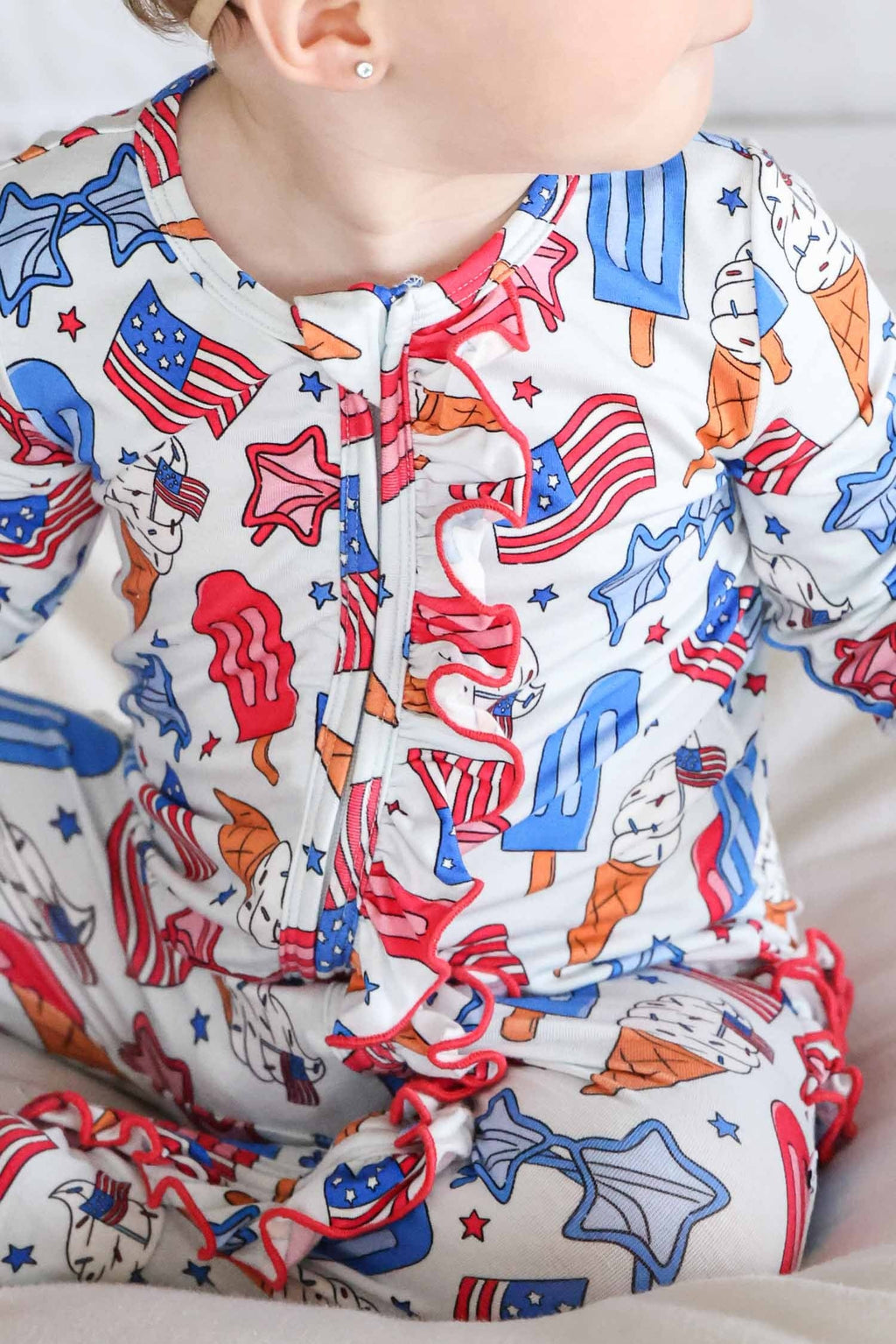 Ruffle Zipper Footie | Red, White & Cool