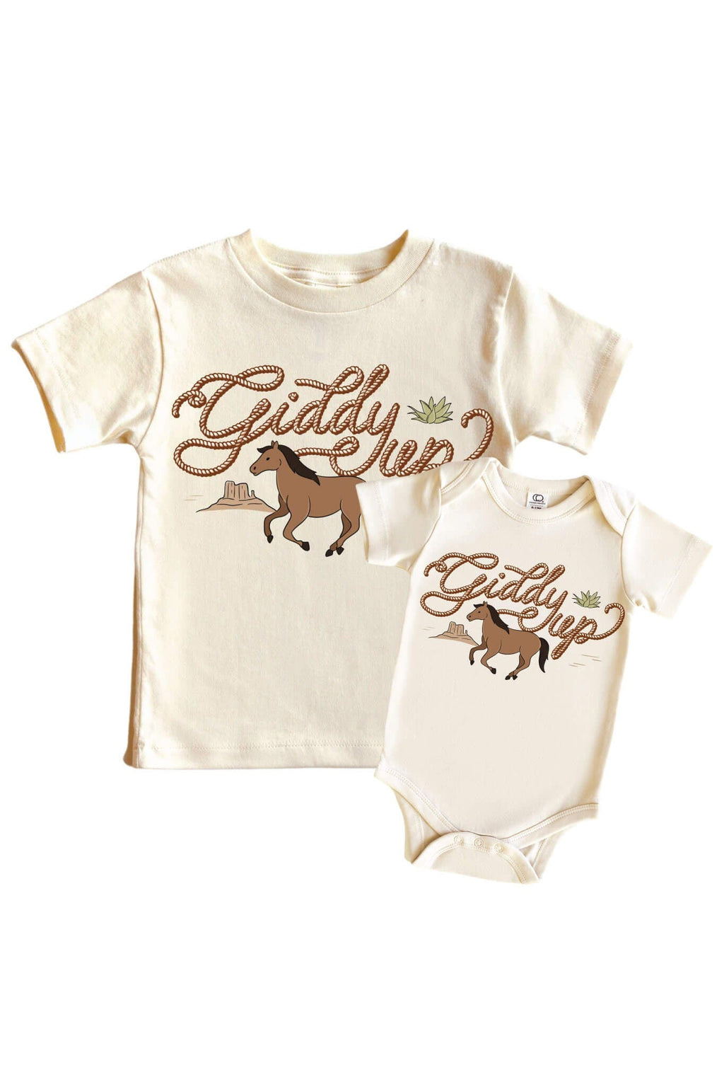 Giddy Up Neutral Graphic Bodysuit & Kids Tee | Natural