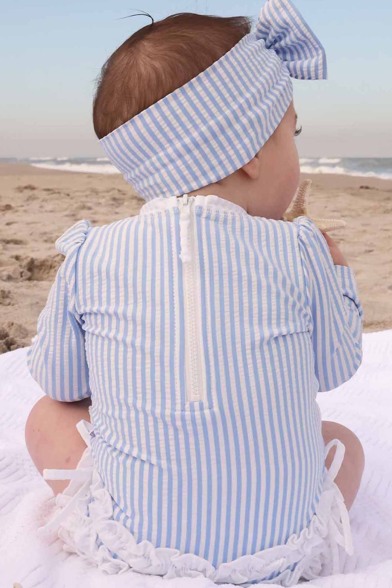 Long Sleeve Rash Guard With Ruffle Bottom | Seersucker Blue