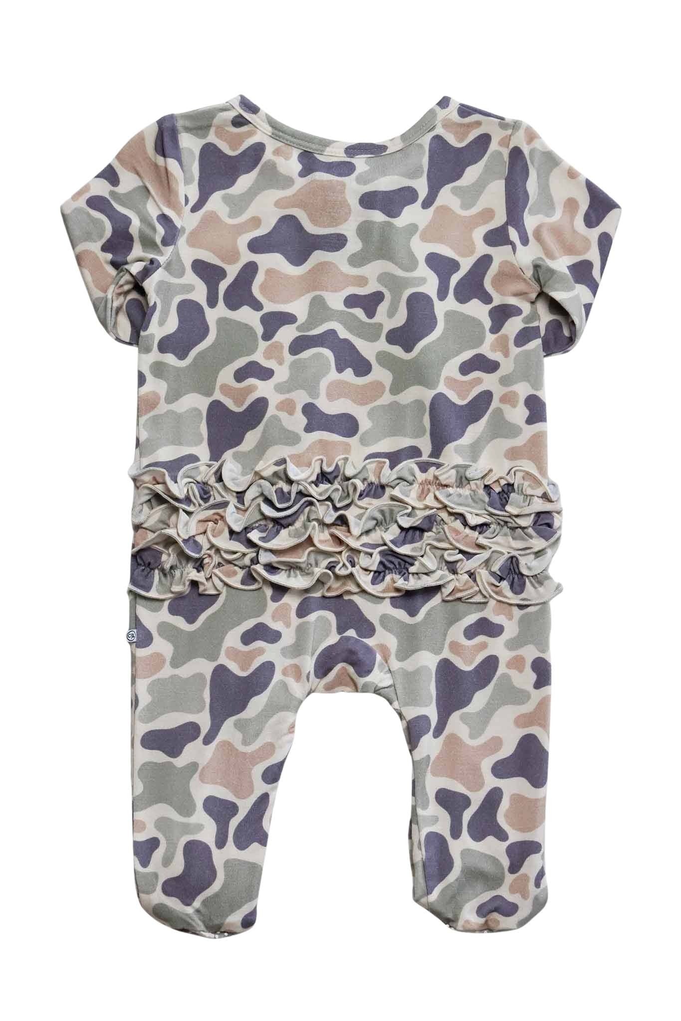 Ruffle Bamboo Zipper Footie | Camo Cutie